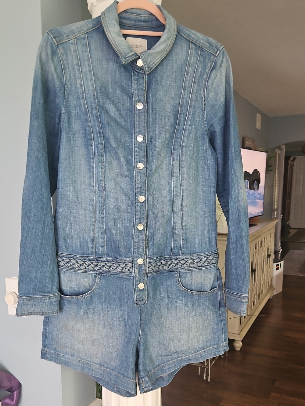 Guess - Light Blue Denim Button-Front Romper with Braided Waist